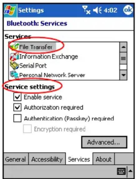 Settings Bluetooth: Services Services File Transfer Information Exchange Serial Port Personal Network Server Service settings Enable service Authorization required Authentication (Passkey) required Encryption required Advanced... General Accessibility Services About