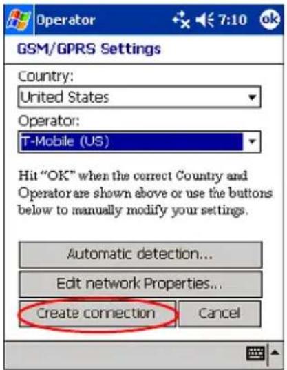 Operator GSM/GPRS Settings Country: United States Operator: T-Mobile (US) Hit "OK" when the correct Country and Operator are shown above or use the buttons below to manually modify your settings. Automatic detection... Edit network Properties... Create connection Cancel