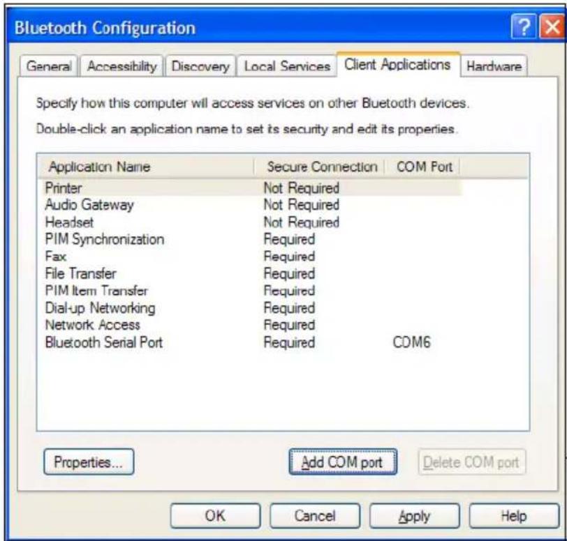 Bluetooth Configuration General Accessibility Discovery Local Services Client Applications Hardware Specify how this computer will access services on other Bluetooth devices. Double-click an application name to set its security and edit its properties. Application Name Secure Connection COM Port Printer Not Required Audio Gateway Not Required Headset Not Required PIM Synchronization Required Fax Required File Transfer Required PIM Item Transfer Required Dial-up Networking Required Network Access Required Bluetooth Serial Port Required COM6 Properties... Add COM port Delete COM port OK Cancel Apply Help