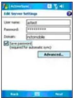 Edit Server Settings User name: actual Password: ********** Domain: automobile Save password (required for automatic sync) Advanced...