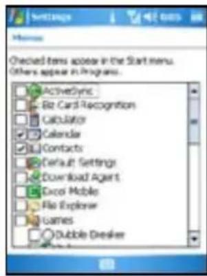 Checked items appear in the Start menu. Others appear in Programs... ActiveSync Big Card Recognition Calculator Calendar Contacts Default Settings Download Agent Excel Mobile File Explorer Games Dubble Desktop