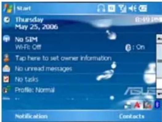 Start Thursday May 25, 2006 No SIM WiFi: Off 8 : On Tap here to set owner information No unread messages No tasks Profile: Normal Notification Contacts