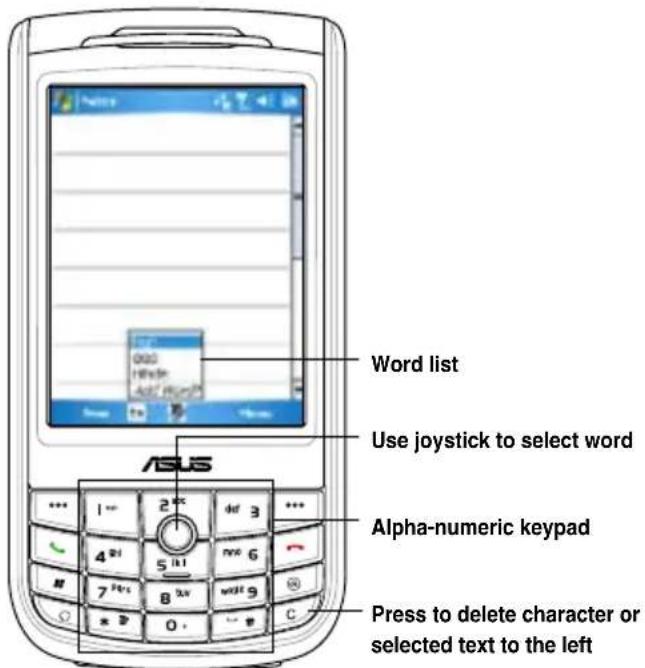 Word list Use joystick to select word Alpha-numeric keypad Press to delete character or selected text to the left
