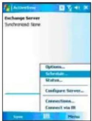 Exchange Server Synchronized Store Options... Schedule... Status... Configure Server... Connections... Connect via IR Name Help Menu