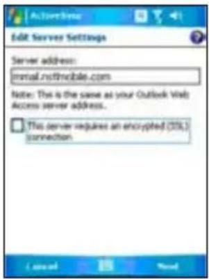 Edit Server Settings Server address: irmai.nffmobile.com Note: This is the same as your Outlook Web Access server address. This server requires an encrypted (50%) connection