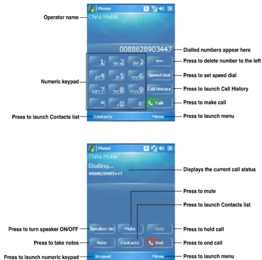 Operator name China Mobile 0088628903447 Dialled numbers appear here Press to delete number to the left Numeric keypad 1 abc 2 def 3 Speed Dial Press to set speed dial Press to launch Call History pars 7 tan 8 wmy 9 Talk Press to make call Press to launch Contacts list Contacts Menu Press to launch menu Press to launch Contacts list Press to turn speaker ON/OFF Speaker On Mute Hold Press to take notes Notes Contacts End Press to launch numeric keypad Keypad Menu Press to launch menu