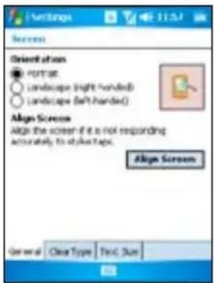 Settings Success Orientation Portrait Landscape (right-handed) Landscape (left-handed) Align Screen Align the screen if it is not responding accurately to style-tapes. Align Screen General Clear Type Text/Sun