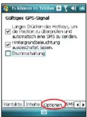 Gültiges GPS-Signal Langes Drücken des Hotkeys, um de Position zu überprüfen und automatisch eine SMS zu senden. Hintergrundbeleuchtung ausgeschaltet lassen. Stummschaltung Kontakte Inhalte Optionen SMS
