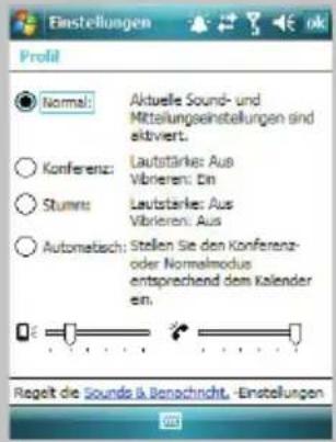Einstellungen Profil Normal: Aktuelle Sound- und Mittelungsinstellungen sind aktiviert. Konferenz: Lautstärke: Aus Vibrieren: Ein Stumens: Lautstärke: Aus Vibrieren: Aus Automatisch: Stellen Sie den Konferenz- oder Normalodus entsprechend dem Kalender ein. Regelt die Sounds & Benochnicht. -Einstellungen