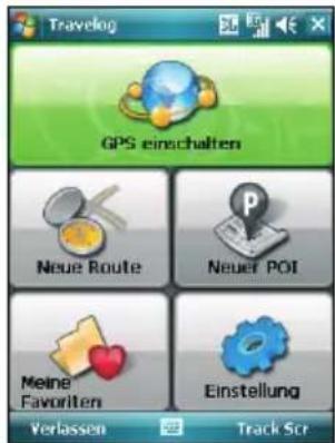 Travellog GPS einschalten Neue Route Neuer POI Meine Favorite Einstellung Verlassen Track Scr