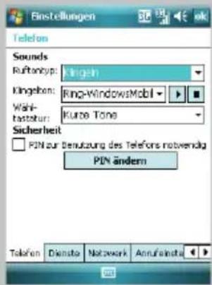 Einstellungen Telefon Sounds Raftanbyp: Kinggen Kingben: Ring-WindowsMobil Wah- tastatur: Kurze Tone Sicherheit PIN zur Denutzung des Telefons notwendig PIN ändern Telefon Dienste Network Annufinsta