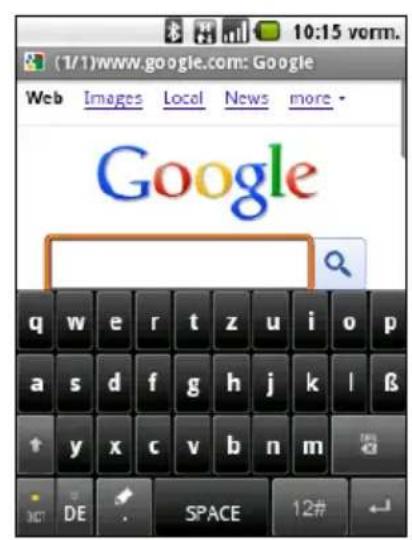 (1/1)www.google.com: Google Web Images Local News more - Google q w e r t z u i o p a s d f g h j k l β ↑ y x c v b n m 367 DE SPACE 12#
