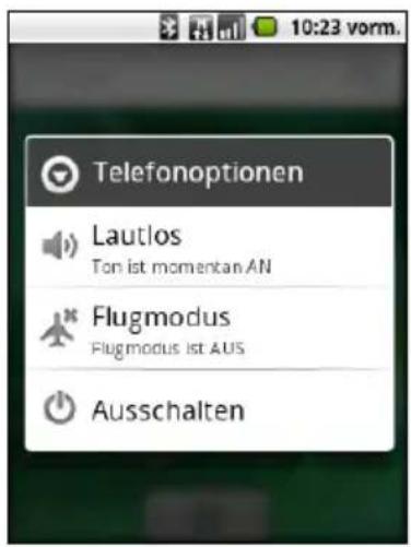 Telefonoptionen Lautlos Ton ist momentan AN Flugmodus Flugmodus ist AUS Ausschalten