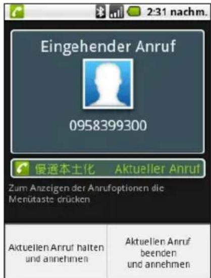 2:31 nachm. Eingehender Anruf 0958399300 優選本土化 Aktueller Anruf Zum Anzeigen der Anrufoptionen die Menütaste drücken Aktuellen Anruf halten und annehmen Aktuellen Anruf beenden und annehmen