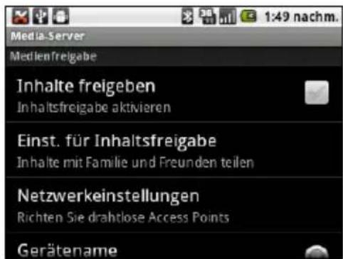 Media-Server Medienfreigabe Inhalte freigeben Inhaltsfreigabe aktivieren Einst. für Inhaltsfreigabe Inhalte mit Familie und Freunden teilen Netzwerkeinstellungen Richten Sie drahtlose Access Points Gerätename