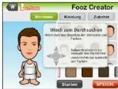 Fooz Creator Merkmale Kleidung Zubehör Wisch zum Durchsuchen Wisch zum Durchsuchen der Elemente und Farben Aufsichtskomets zur Auswalt von Elementen Umsichtsrechte zur Auswalt von Farben Starten SPEICH.