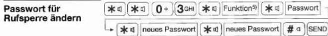 Passwort für Rufspere ändern * 0+ 3GH * Funktion5* Password → * neues Passwort * neues Passwort # a SEND