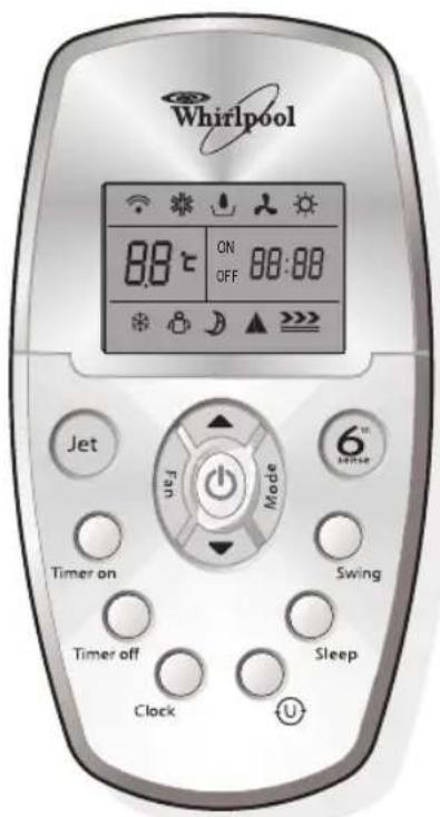 Whirlpool 88°C ON 88:88 OFF Jet Fan Mode 6" SENSE Timer on Swing Timer off Sleep Clock U