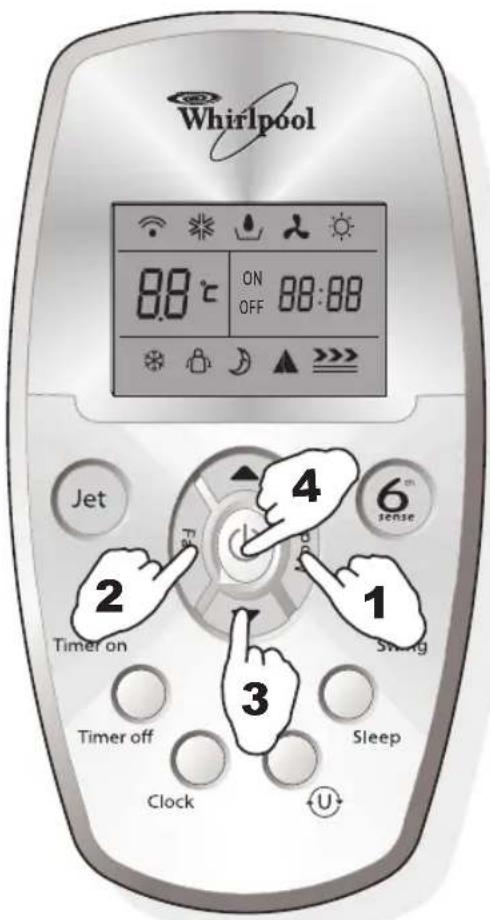 Whirlpool 88°C ON 88:88 OFF Jet 2 Timer on 3 6 sense 1 Swing Timer off Sleep Clock U