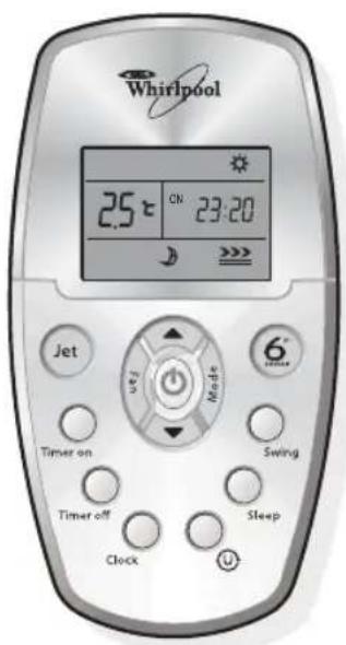 Whirlpool 25 t ON 23:20 Jet 6 Turner Mode 6 Turner on Swing Timer off Sleep Clock