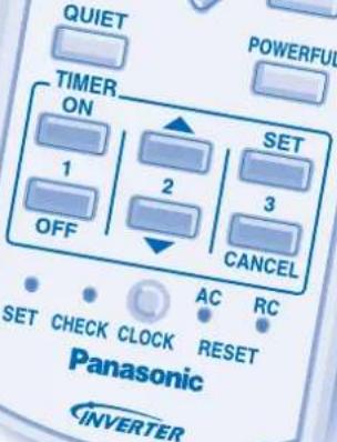 QUIET POWERFUL TIMER ON 1 2 SET 3 OFF CANCEL AC RC SET CHECK CLOCK RESET Panasonic INVERTER