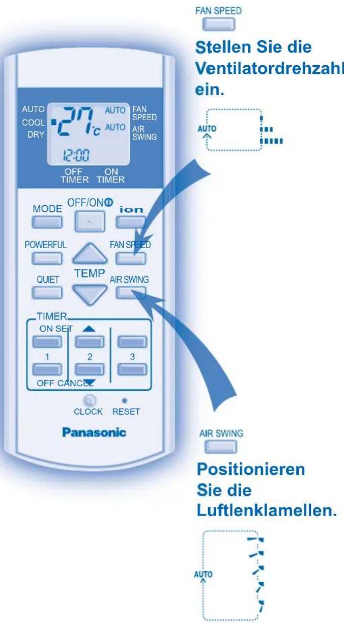 FAN SPEED Stellen Sie die Ventilatordrehzahl ein. AUTO COOL DRY 27°C AUTO FAN AUTO AUTO AIR SWING 12:00 OFF TIMER ON TIMER MODE OFF/ON® ion POWERFUL FAN SPEED QUIET TEMP AIR SWING TIMER ON SET 1 2 3 OFF CANCE CLOCK RESET Panasonic AIR SWING Positionieren Sie die Luftlenklamellen. AUTO