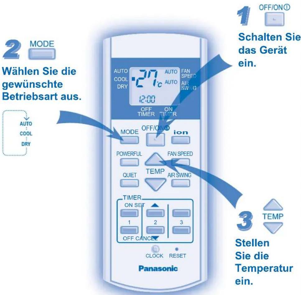 2 MODE Wählen Sie die gewünschte Betriebsart aus. AUTO COOL DRY 27°C AUTO FAN SPEED AIR SWING 12:00 OFF ON TIMER OFF/ON ion MODE POWERFUL FAN SPEED QUIET TEMP AIR SWING TIMER ON SET 1 2 3 OFF CANCEL CLOCK RESET Panasonic 1 OFF/ON① Schalten Sie das Gerät ein. 3 TEMP Stellen Sie die Temperature ein.