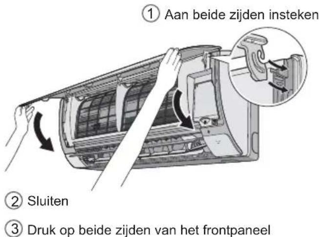 ① Aan beide zijden insteken ② Sluiten ③ Druk op beide zijden van het frontpaneel