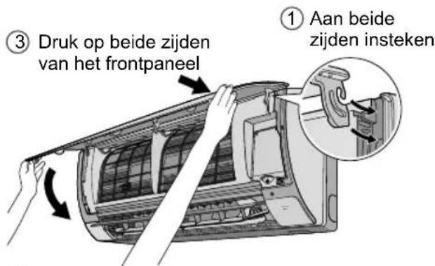 ③ Druk op beide zijden van het frontpaneel ① Aan beide zijden insteken