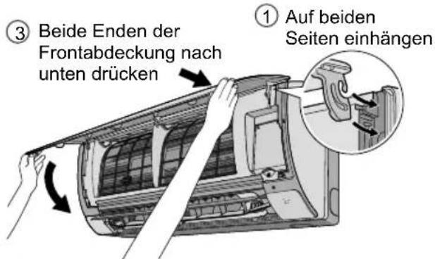 ③ Beide Enden der Frontabdeckung nach unten drücken ① Auf beiden Seiten einhängen
