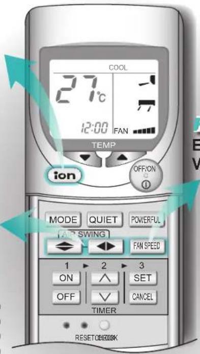 COOL 27°C 12:00 FAN TEMP OFF/ON ① ion MODE QUIET POWERFUL FAN SWING FAN SPEED 1 2 3 ON SET OFF CANCEL TIMER RESET OBCOOK