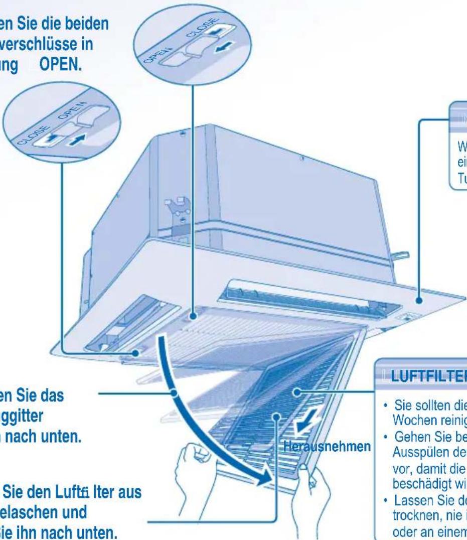 en Sie die beiden verschlüsse in ng OPEN. open Sie das ggitter nach unten. Sie den Lufti Iter aus elaschen und ie ihn nach unten. Herausnehmen LUFTFILTEF • Sie sollten die Wochen reinig • Gehen Sie be Ausspülen der vor, damit die beschädigt wir • Lassen Sie de trocknen, nie i oder an einem
