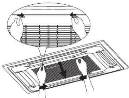 Diagram showing airflow control inside a ventilation duct with hand positions and grid layout, including magnified detail of airflow direction.