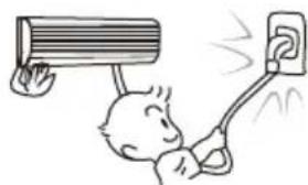 Cartoon illustration of a person using an air conditioner to lift a wall-mounted power outlet (no text or symbols)