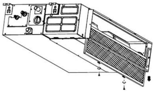 Technische Strichzeichnung eines mechanischen oder elektronischen Geräts mit inneren Fächern und Montagemerkmalen (kein Text oder Symbole)