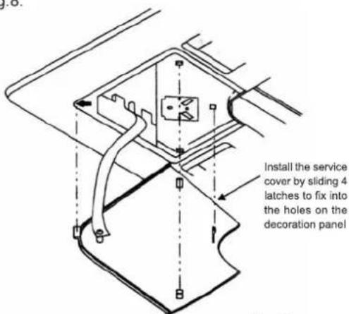 Install the service cover by sliding 4 latches to fix into the holes on the decoration panel