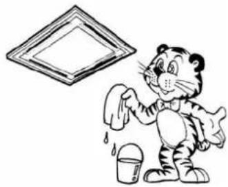 Cartoon tiger watering a window with a bucket (no text or symbols)