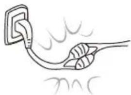 Simple line drawing of a plug connecting a cable with a plug, emitting sound waves (no text or symbols)