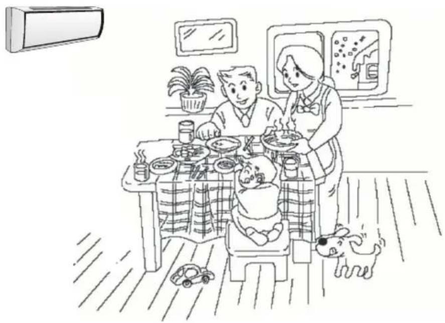 Line drawing of a family dining together at a table with a baby, featuring a TV and toy car (no text or symbols)