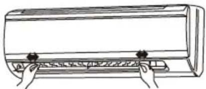 Line drawing of a hand pressing down on a wall-mounted air conditioner (no text or symbols)