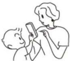 Line drawing of a person holding a smartphone to another person (no text or symbols present)