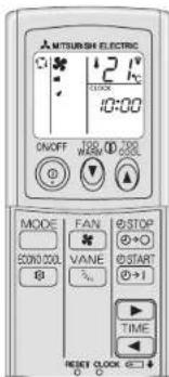 MITSUBISH ELECTRIC 21°C 10:00 ON/OFF 120 W/80 120/200 MODE FAN STOP S200.000 VANE START TIME RESET CLOCK