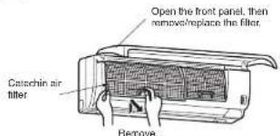 Open the front panel, then remove/replace the filter. Catechin air filter Remove.
