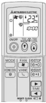 MITSUBISHI ELECTRIC 23°C 10:00 ON/OFF 700 WARM 1000 COOL MODE FAN STOP VANE START TIME RESET CLOCK