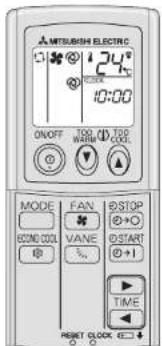 MITSUBISH ELECTRIC 124° 10:00 ON/OFF TOO WARM TOO COOL MODE FAN STOP VANEO COLD VANE START TIME RESET CLOCK