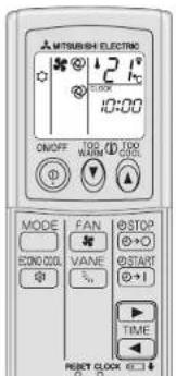 MITSUBISH ELECTRIC 21°C 10:00 ON/OFF TDS WARM TDS GROUND MODE FAN STOP ECONOOL VANE START VOUT TIME RESET CLOCK