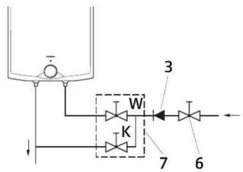 Technical diagram of a fluid system with labeled components and directional flow indicators