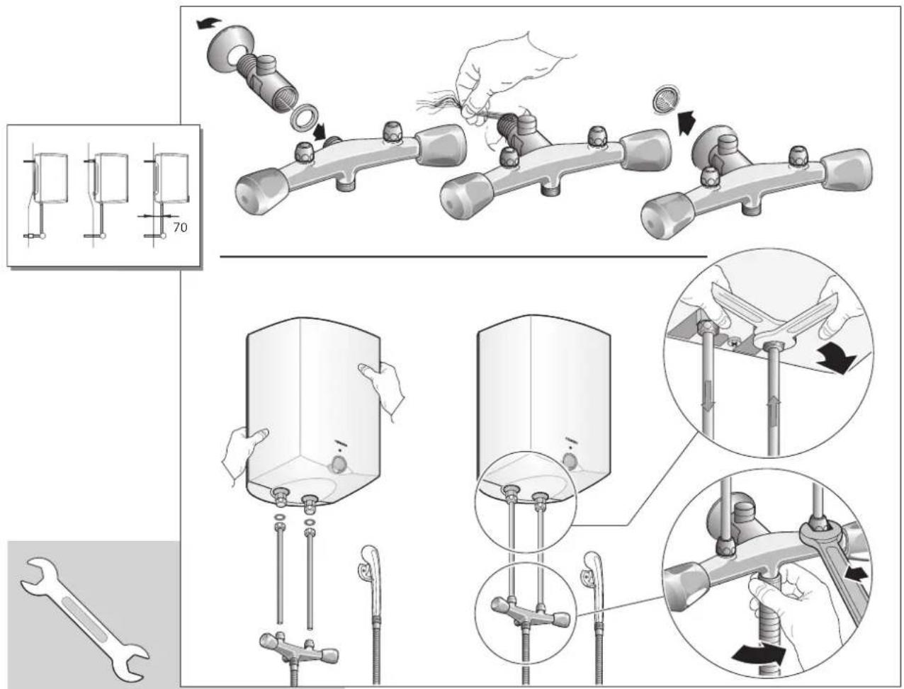 Technical diagram illustrating pipe fitting and assembly steps with labeled components and directional arrows
