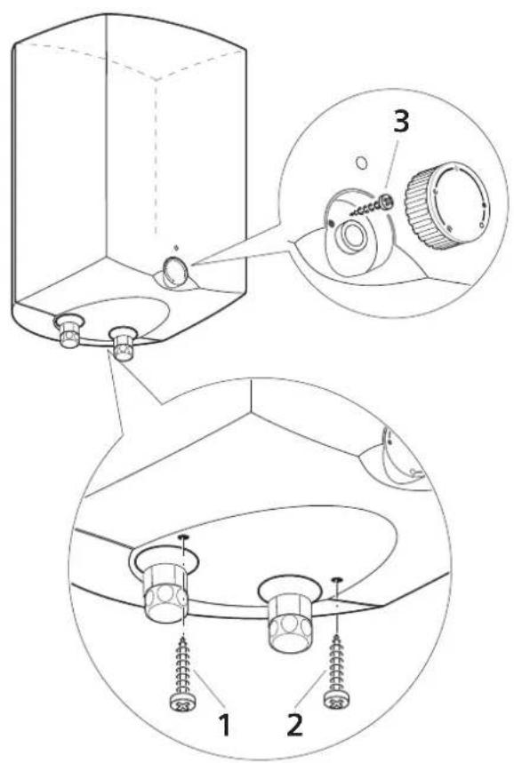 Technical diagram showing three views of a mechanical assembly with labeled parts and numbered annotations