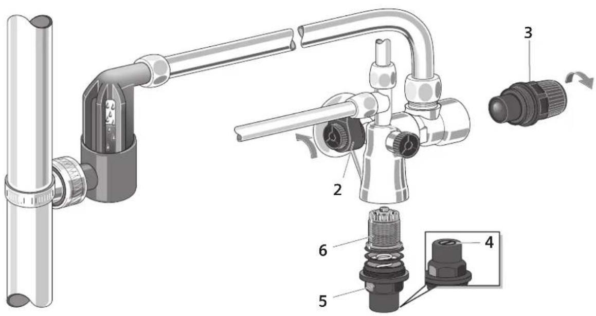 Technical diagram of a mechanical device with numbered components, likely a valve or pump assembly.